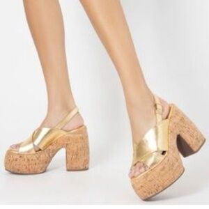 Schutz Velma Gold Metallic Cork Platform Sandals 8